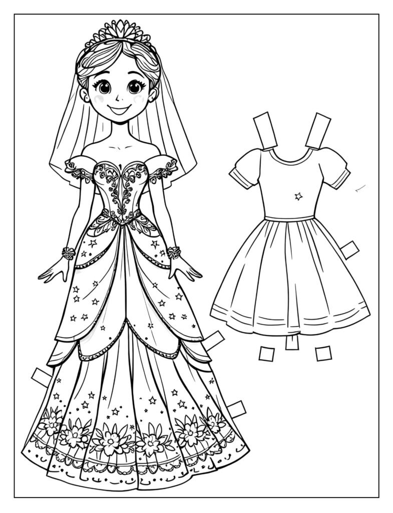 A paper doll bride with a wedding gown and another dress.