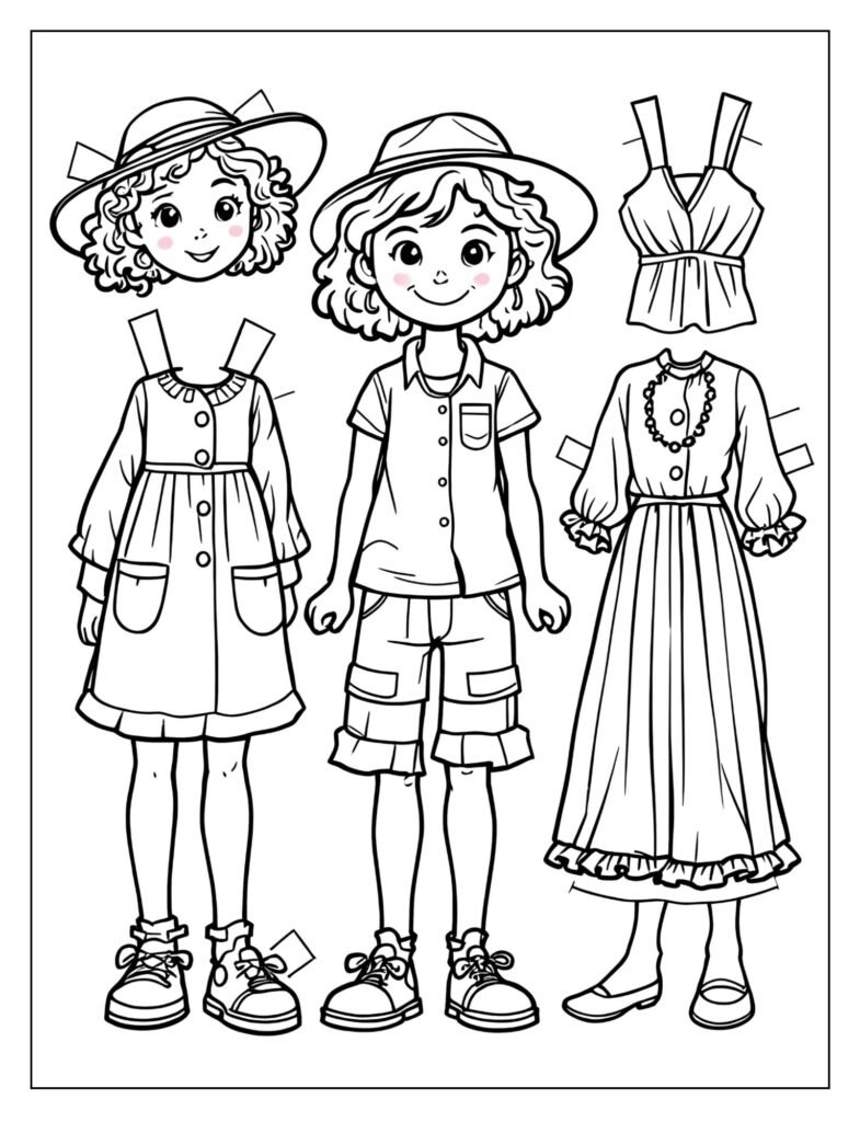 A paper doll with three different outfits to color and cut out.