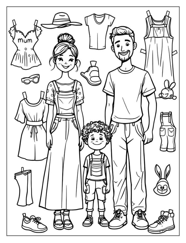 A family of paper dolls with outfits.