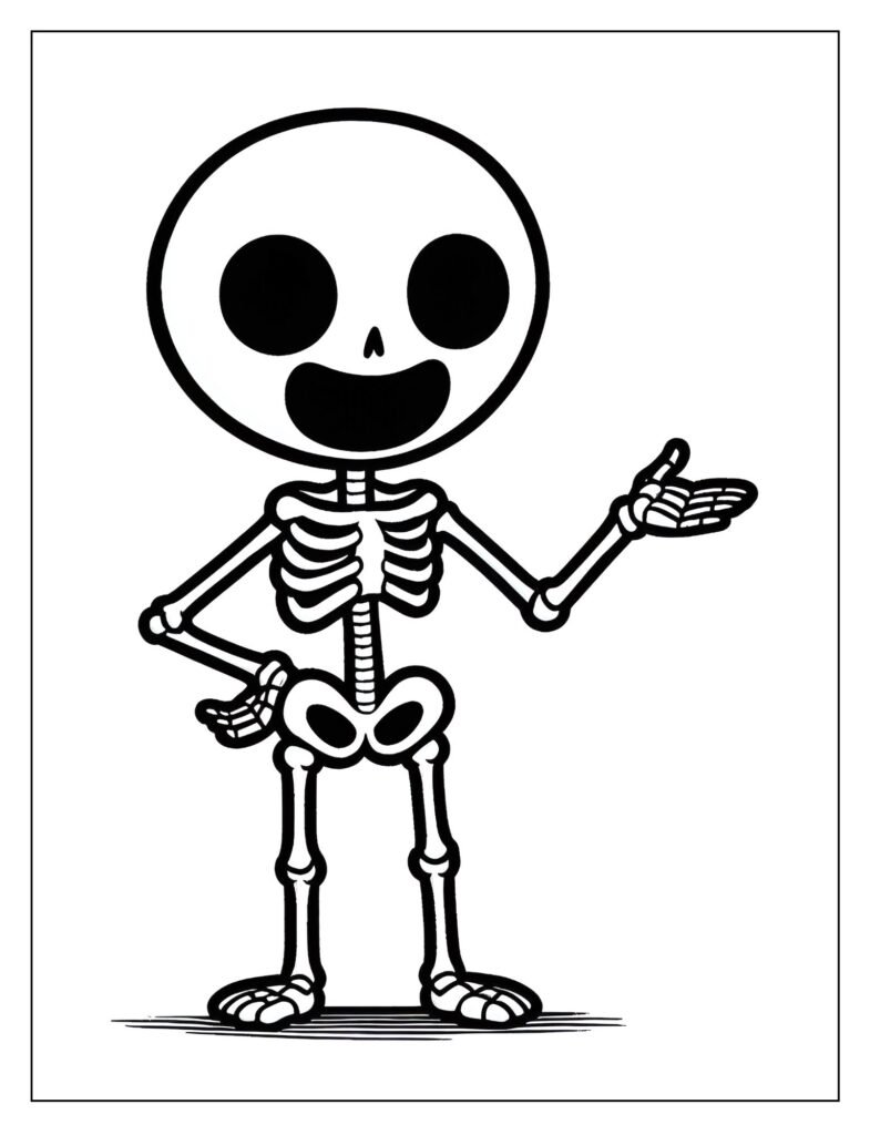 A black and white drawing of a human skeleton clearly labeling different bones or sections, for educational coloring.