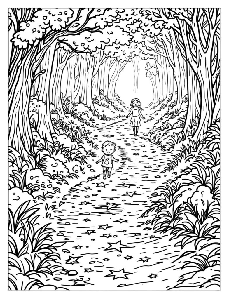 A child walking along a winding path, leaving behind sparkling star imprints, with an adult figure lighting the way ahead.
