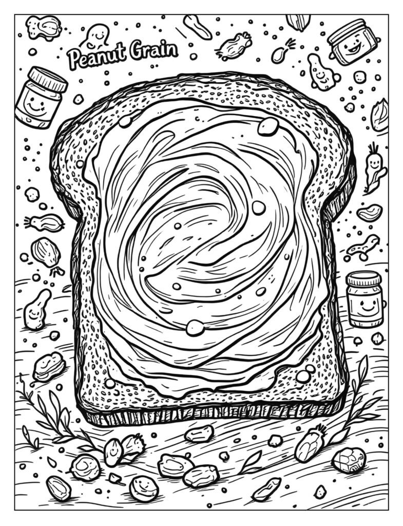 A slice of bread completely covered with a thick, winding layer of peanut butter.