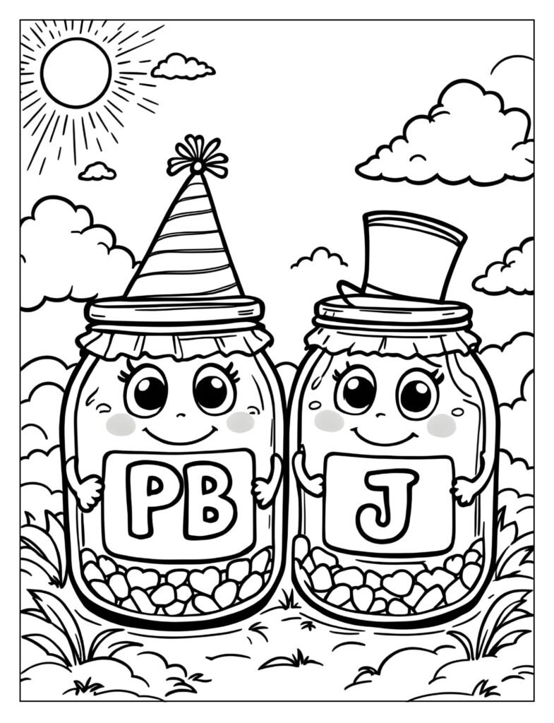 Two cartoon jars, one labeled PB and one J, both with smiling faces and small hats.
