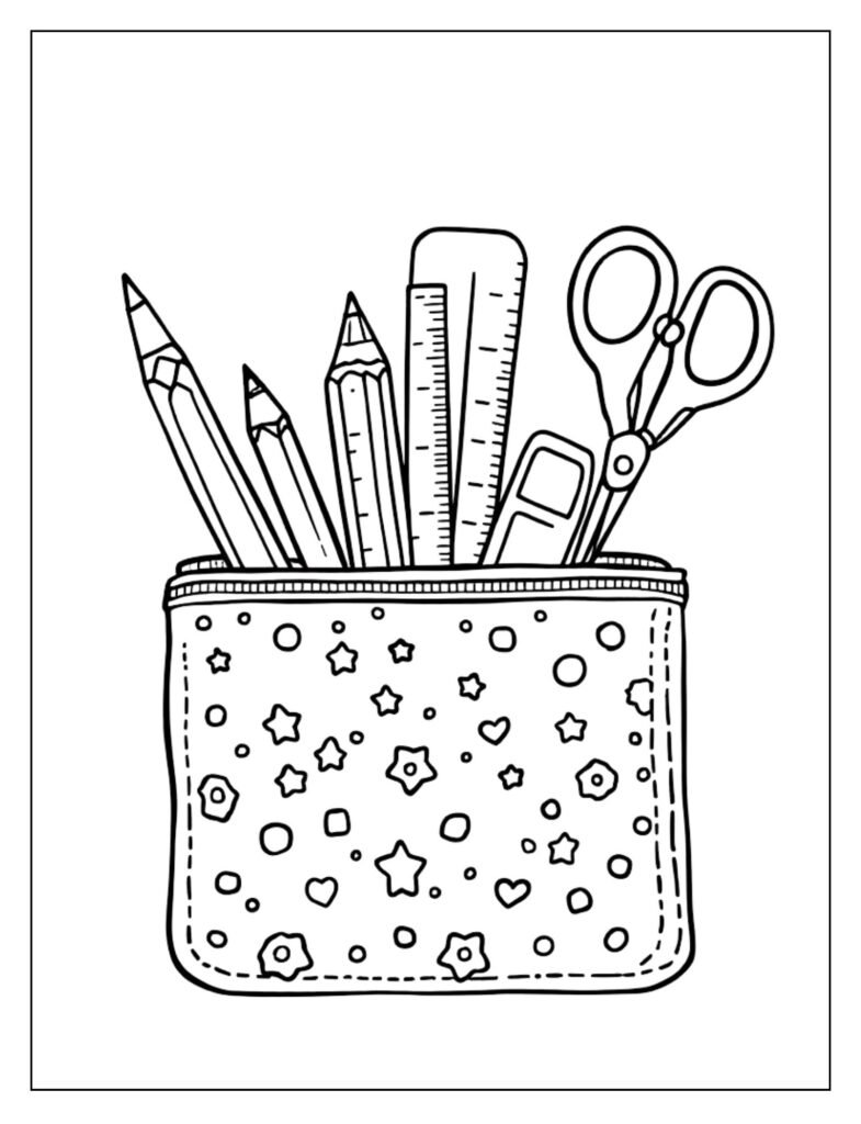 A black and white illustration of an open pencil case filled with pencils, erasers, and other small supplies, ready for coloring.