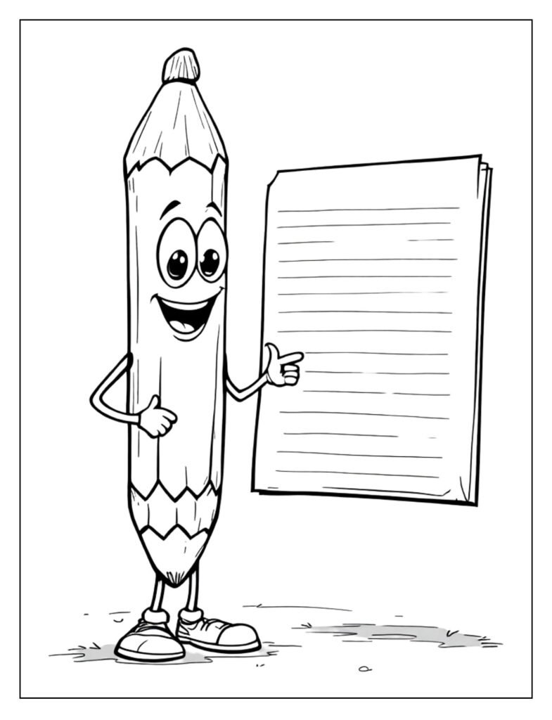 An outline drawing of a pencil resting on a blank sheet of paper, ready for coloring.
