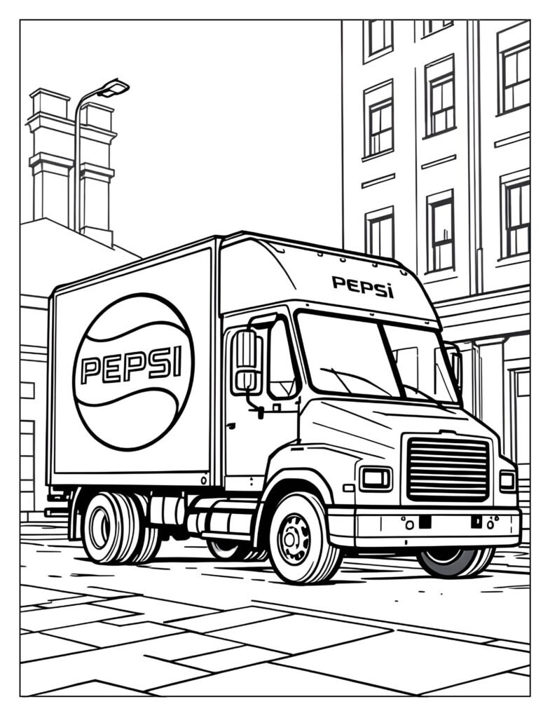Large, rectangular delivery truck with a simple silhouette of the Pepsi logo on its side.