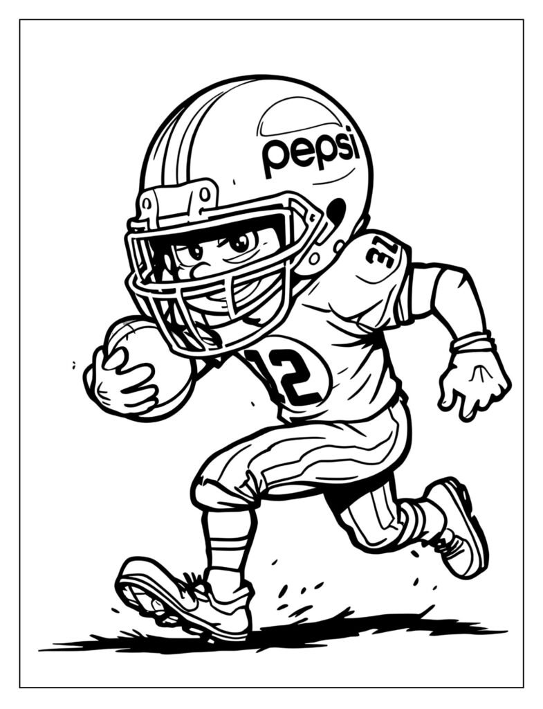 Cartoon football player wearing a helmet with a Pepsi globe logo on the side, running with a football.
