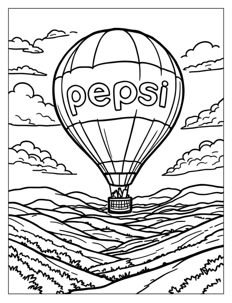 Large, cheerful hot air balloon shaped like the Pepsi globe logo, floating in a sunny sky over rolling hills.
