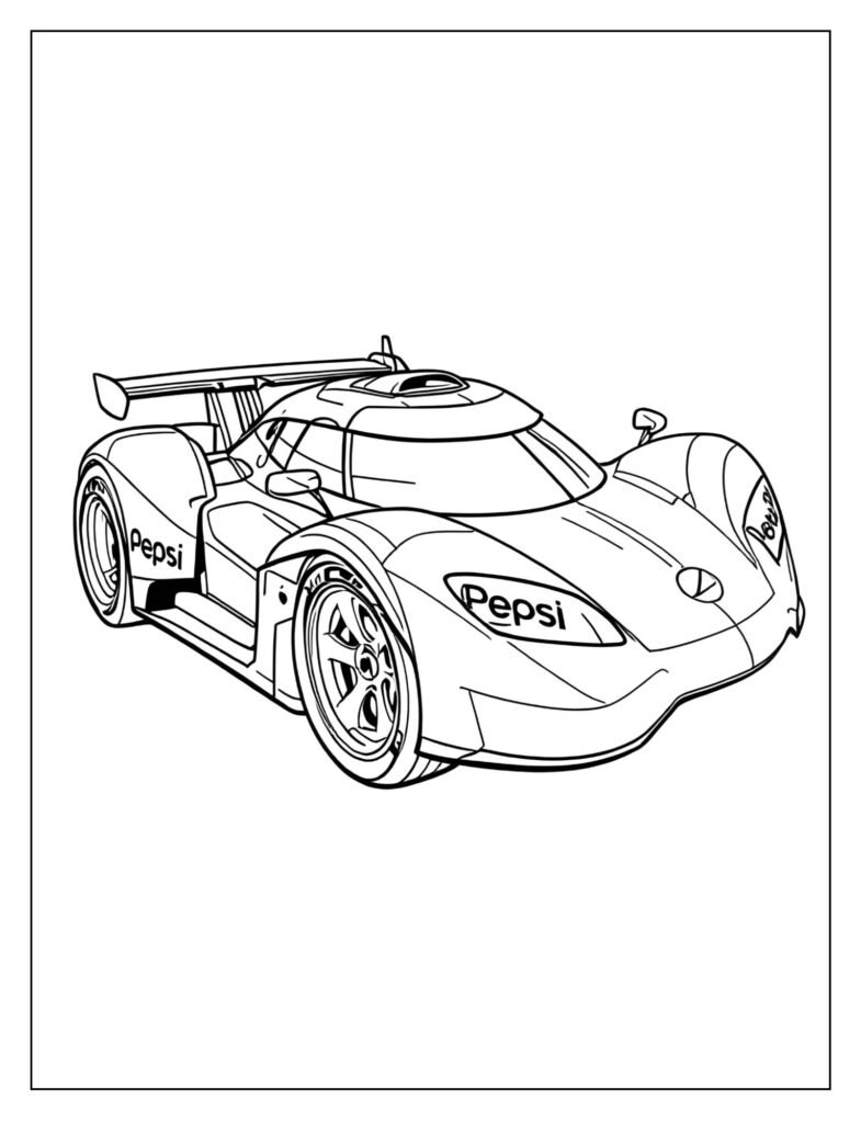 Sleek, aerodynamic race car with large, blank side panels for a prominent Pepsi logo.