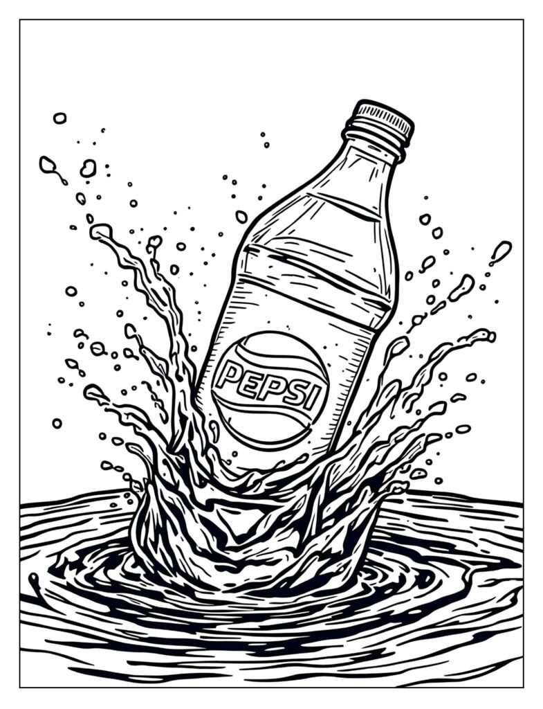 Dynamic drawing of a Pepsi bottle about to hit a liquid surface, causing a large, exciting splash of dark liquid.
