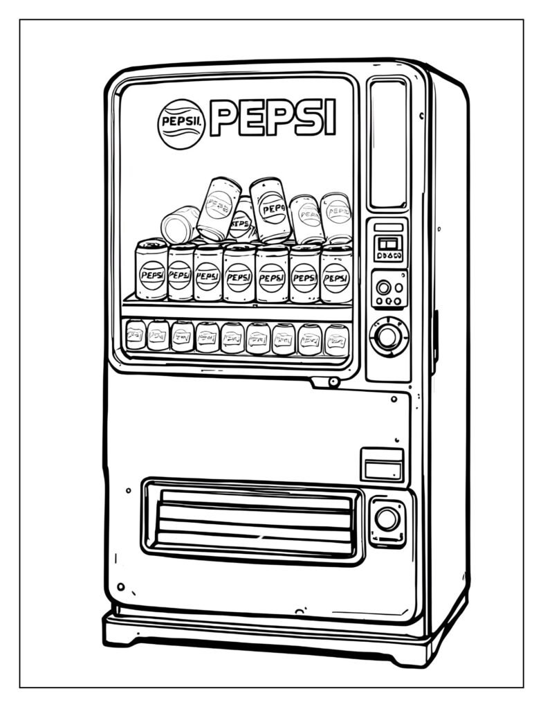 Detailed drawing of a classic Pepsi vending machine, showing selection buttons, coin slot, and a display window with cans.