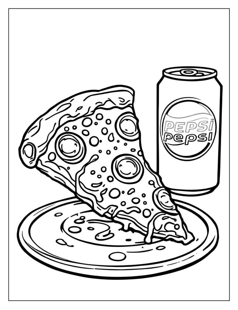 A slice of delicious pizza sitting on a plate next to a can of Pepsi.
