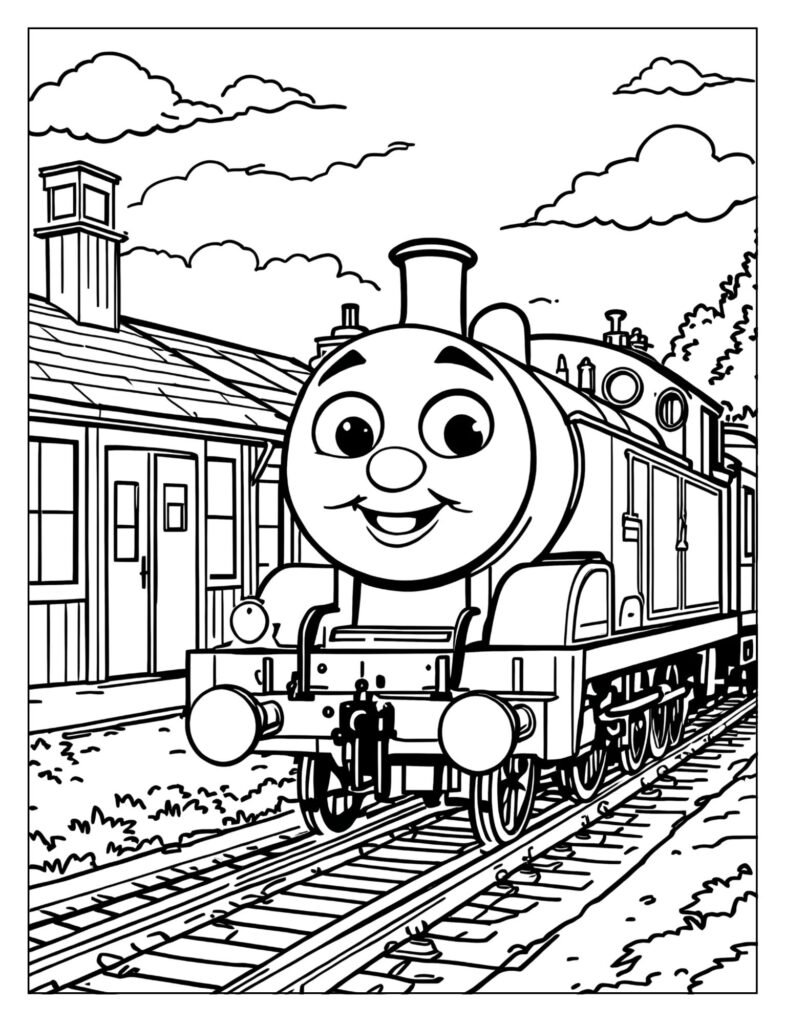 Percy the green engine at Tidmouth Sheds coloring page