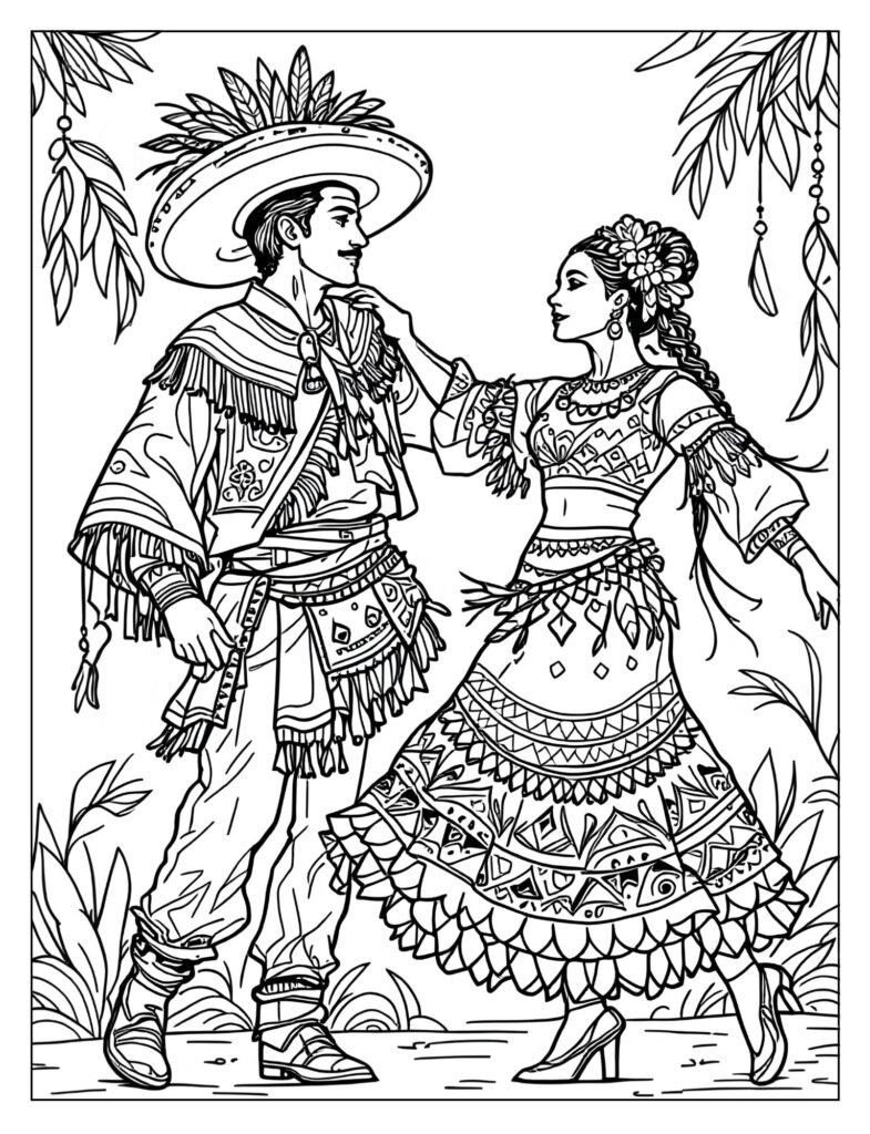 Two people in elaborate, colorful traditional Peruvian dance costumes in a dance pose.