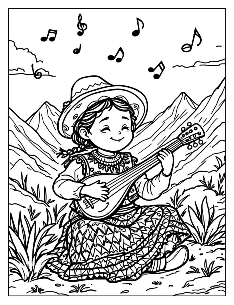 A person in traditional Peruvian attire playing a pan flute with mountains in the background.