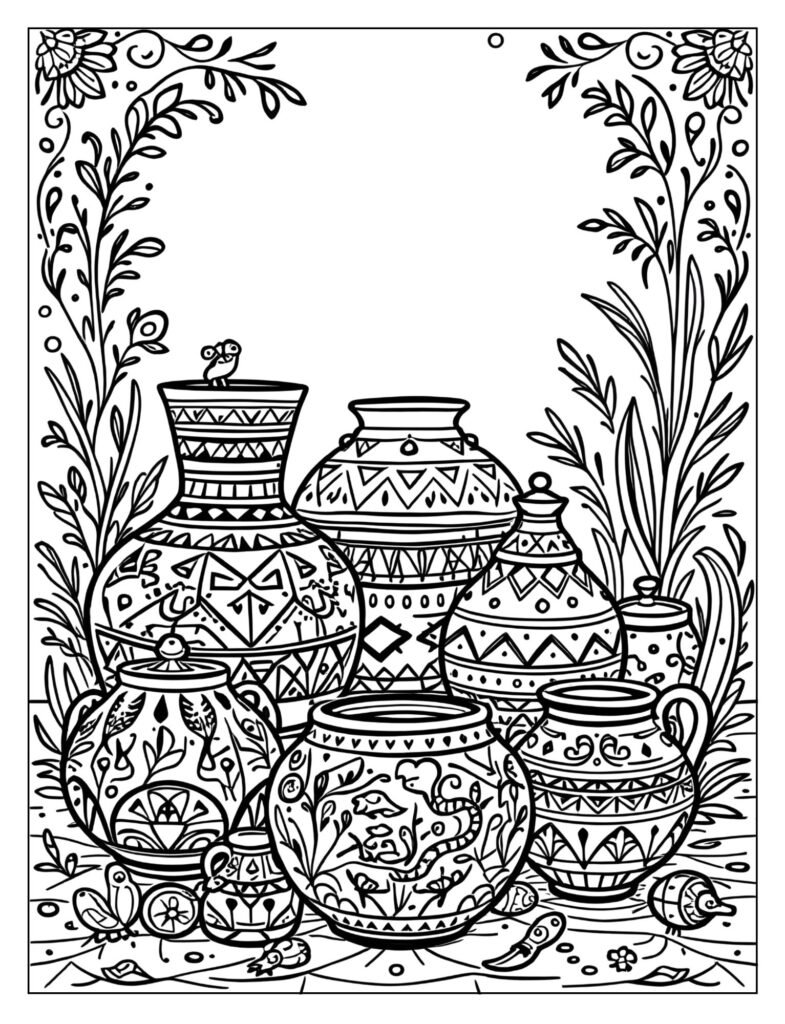 A collection of traditional Peruvian pottery with geometric designs and animal motifs.