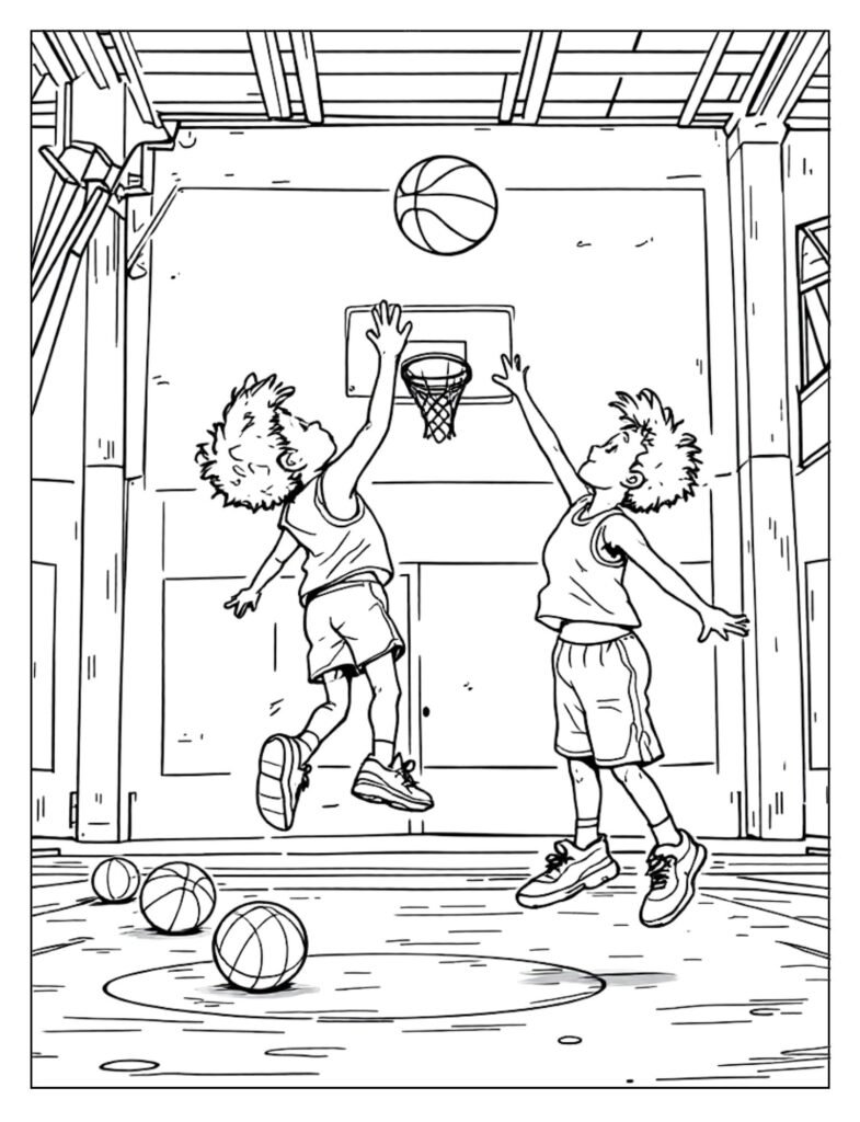 An outline drawing of children participating in a physical education class, perhaps playing sports, ready for coloring.