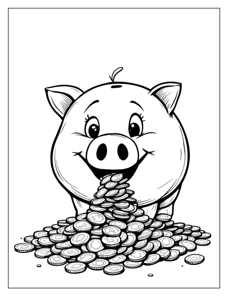 Cheerful, smiling piggy bank with an overflow of coins spilling out of its coin slot.