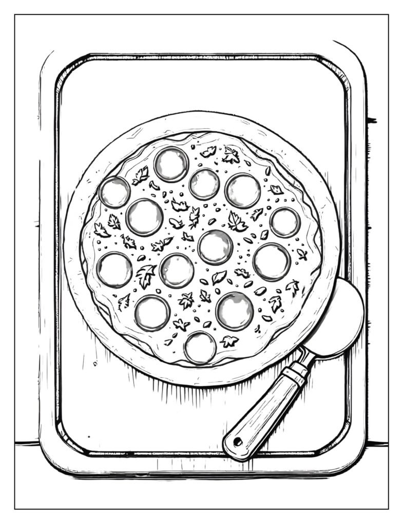 A wooden cutting board with a pepperoni pizza next to a round pizza cutter tool.