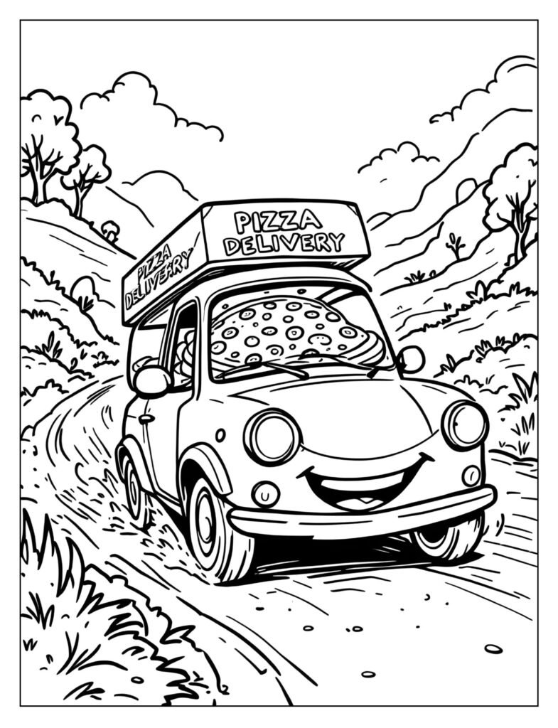 A small car with a "Pizza Delivery" sign driving fast with a pizza box visible.
