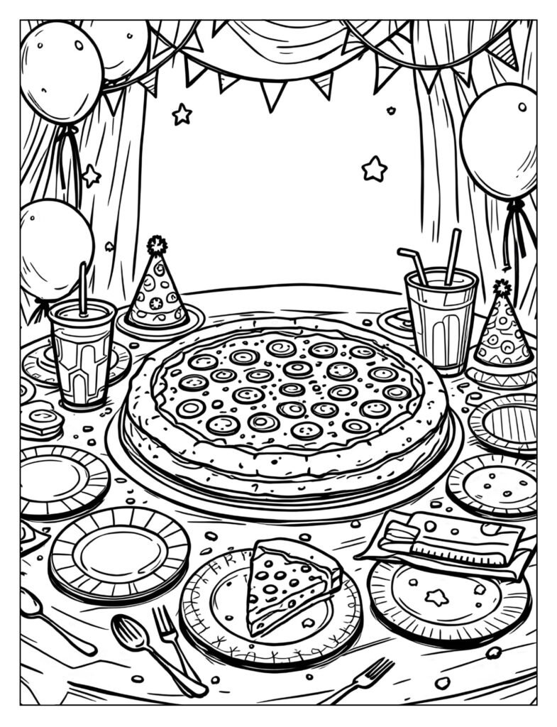 A party table set up with a large pepperoni pizza, paper plates, and party hats.