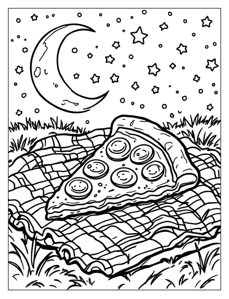 A slice of pepperoni pizza on a picnic blanket under a starry night sky.