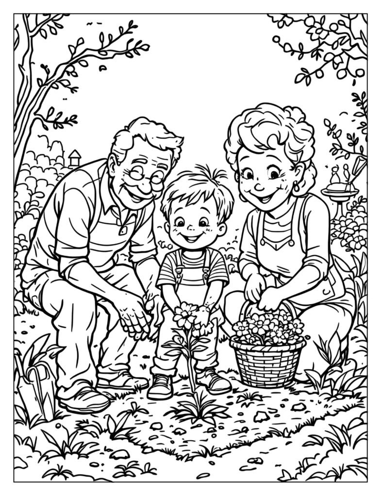 Grandparents and their grandchild planting flowers in a garden.