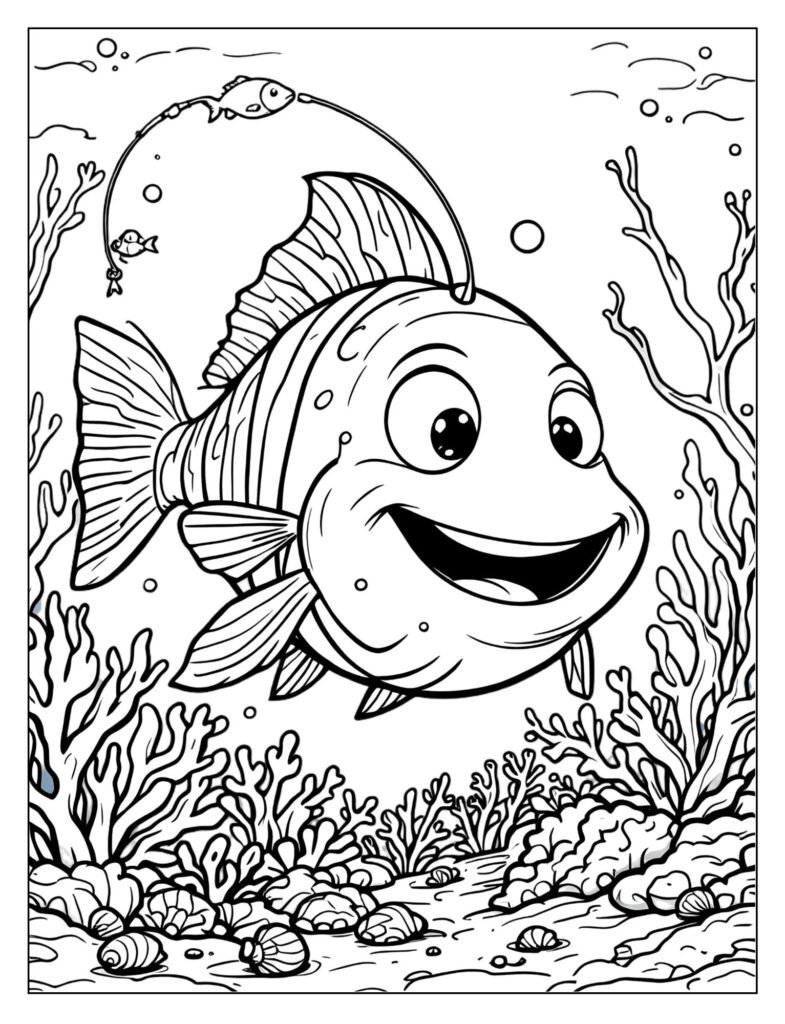 Whimsical line art of a Playful Angler Fish with a bouncy pose and an exaggerated, cheerful lure.