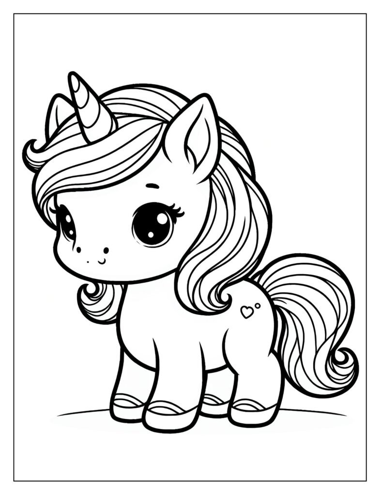 A black and white illustration of a baby unicorn playfully prancing or dancing, with energetic lines, ready for coloring.