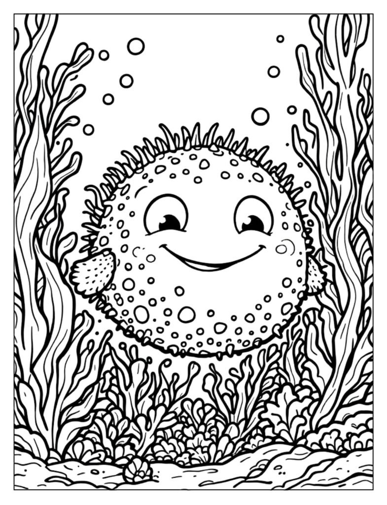 Playful cartoon puffer fish coloring sheet