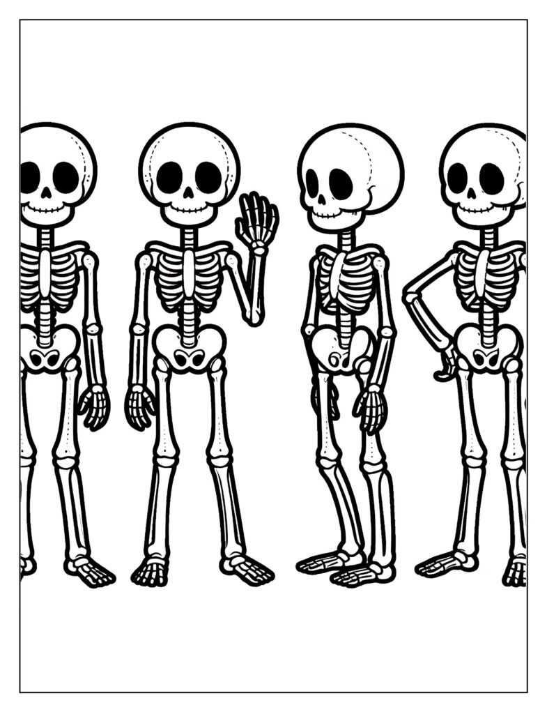 A black and white illustration of a skeleton engaged in a harmless, funny prank or trick, ready for coloring.