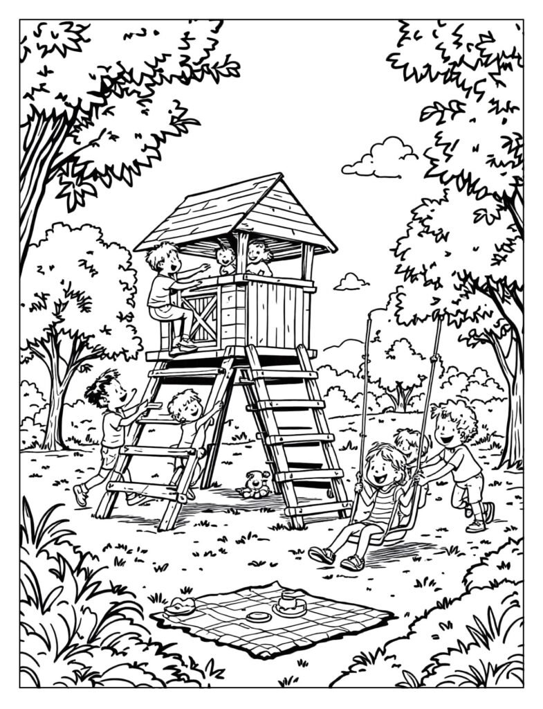 Kids helping each other on a playground swing set and ladder.
