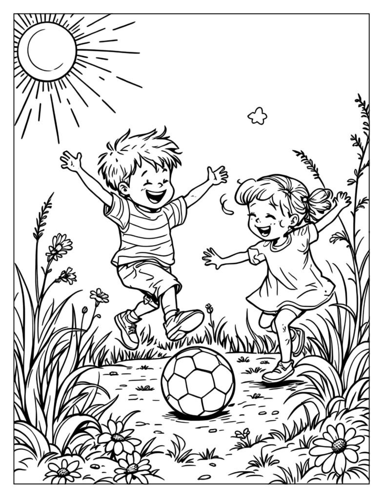 Boy and girl playing with a big colorful ball coloring page