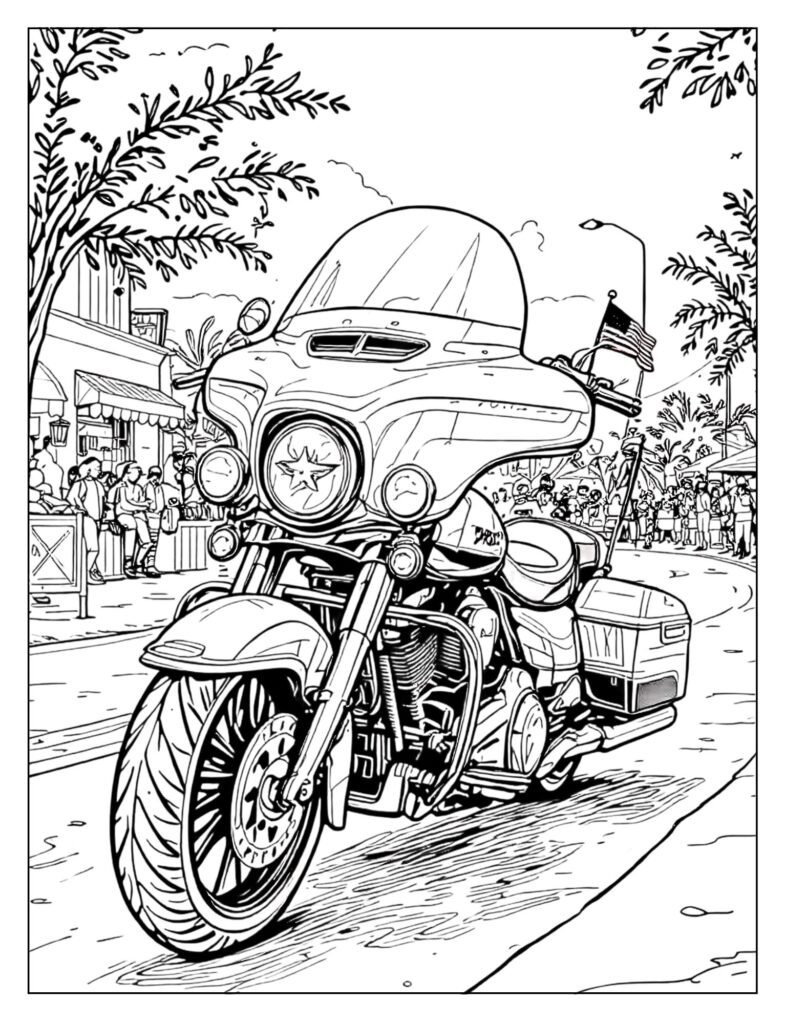 A shiny, clean police motorcycle parked on a parade route with American flags attached to the antennas.