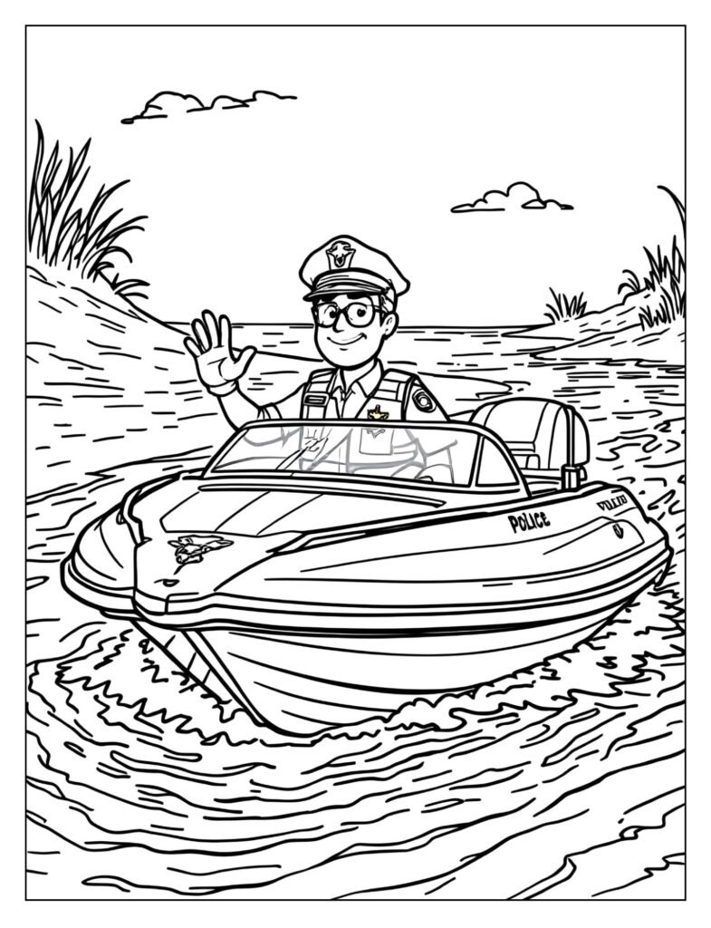 A police officer standing on a small, fast police boat patrolling a lake.