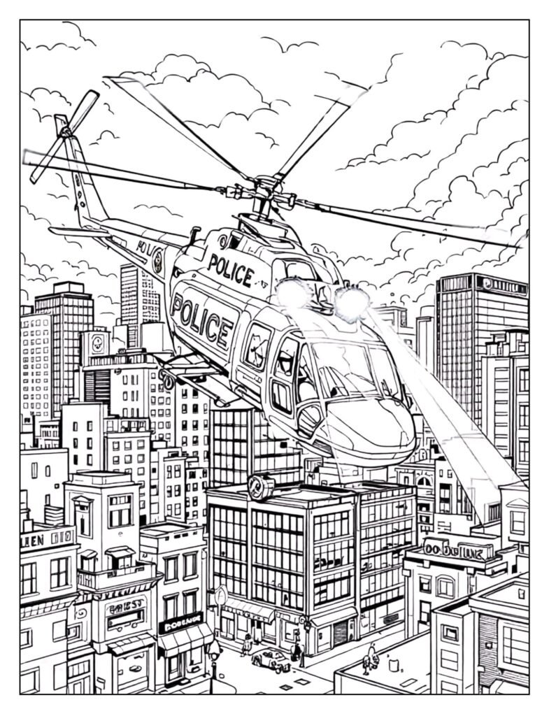 A detailed police helicopter flying over a city with the police logo visible.