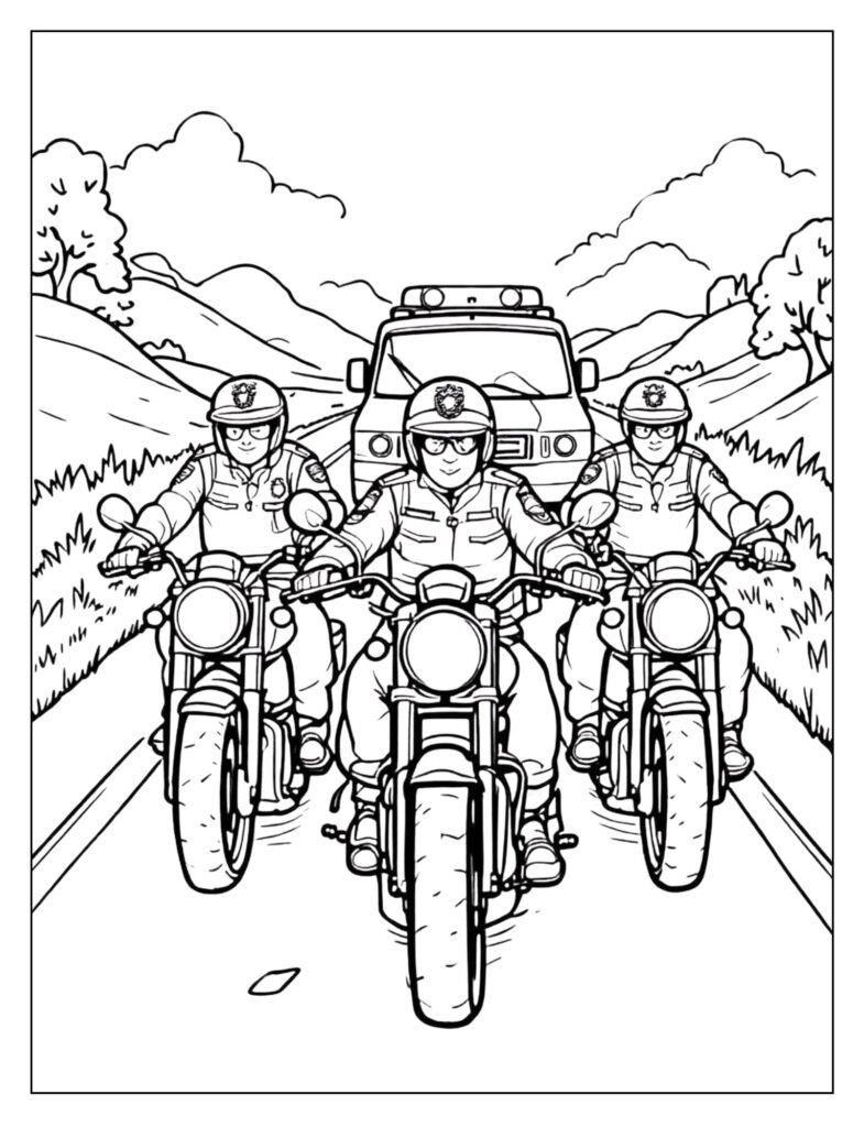 Three police motorcycles riding in a tight formation to escort a large vehicle.