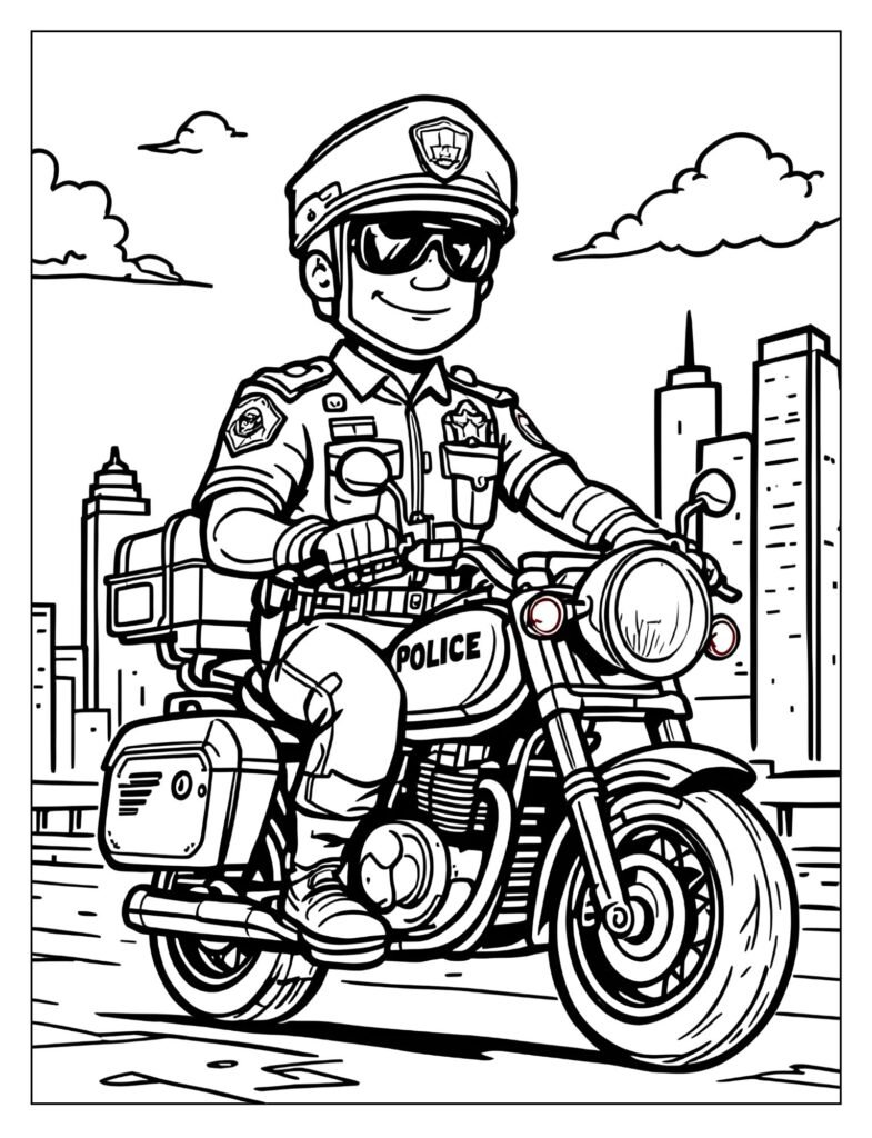 A police officer in a helmet riding a large police motorcycle with emergency lights.