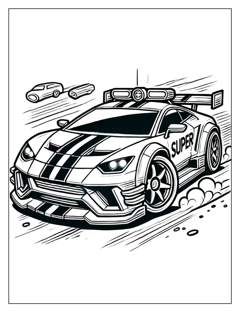 Line art of a futuristic police super car or modified sports car with lights and sirens.