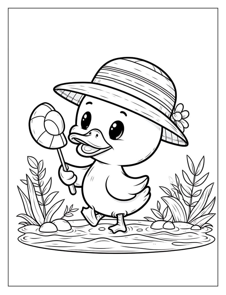 An outline drawing depicting a duck interacting with other pond elements like lily pads, reeds, or small fish, ready for coloring.
