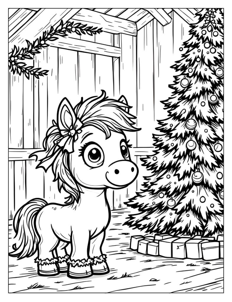 Small pony peering curiously at a fully decorated Christmas tree in a barn corner.