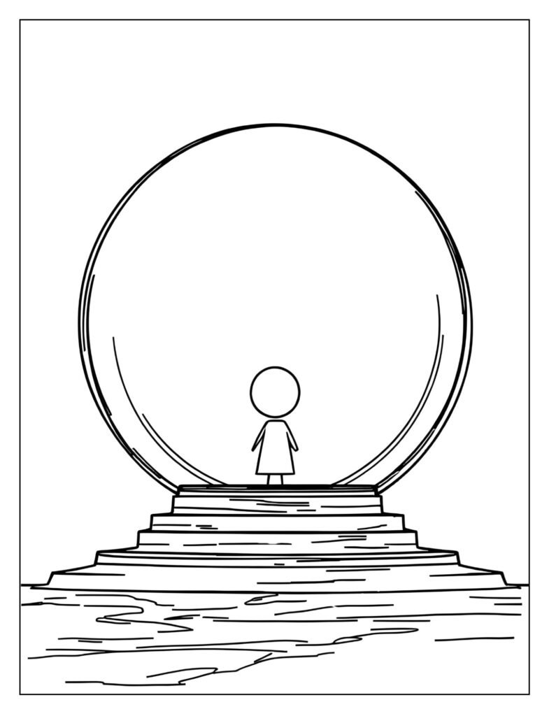 The player icon drawn just entering a large, empty circular portal outline with simple transition lines inside.