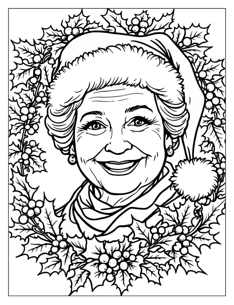 Cheerful, close-up portrait of Mrs. Claus's face, framed by a decorative holly wreath.