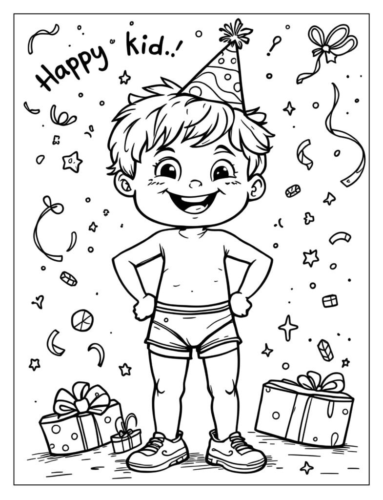 A child proudly marching while wearing new underwear and a party hat.