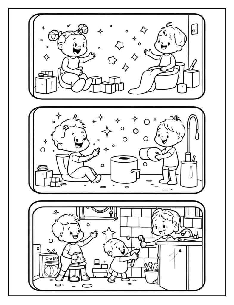 A sequence of three drawings showing the potty routine steps.
