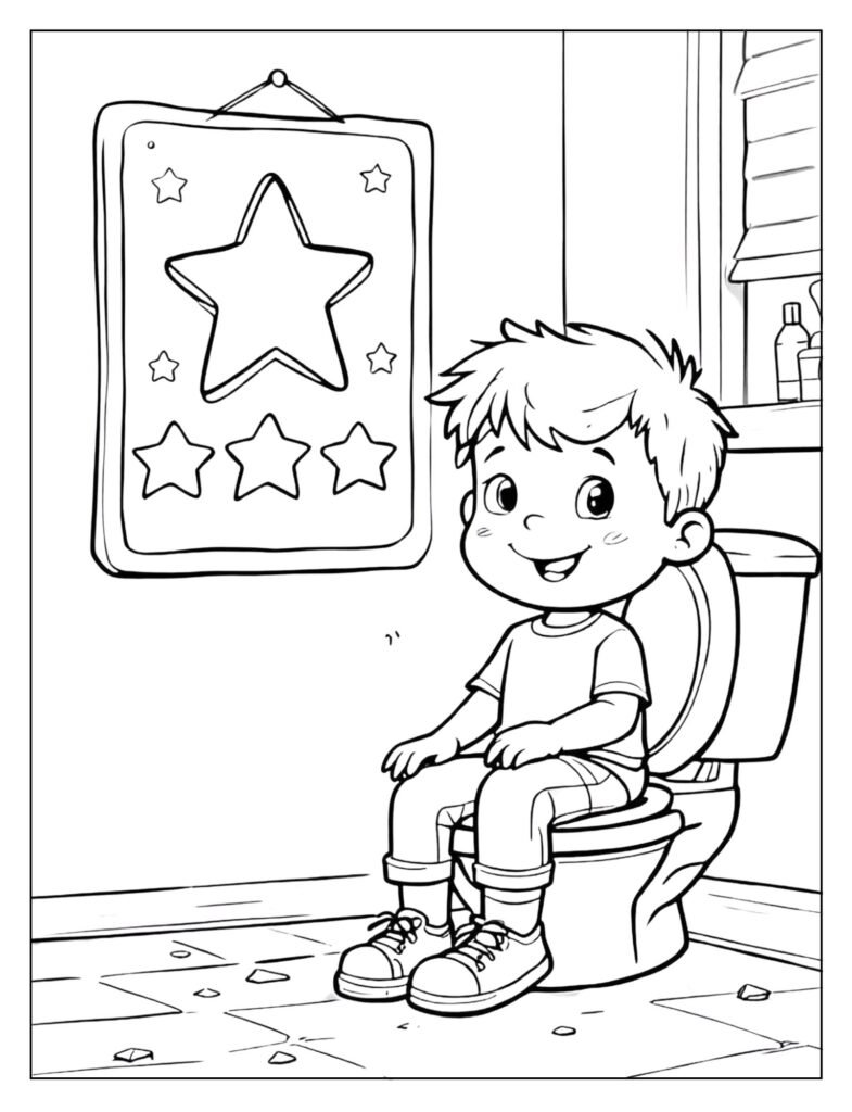 A child sitting on the potty with a star chart on the wall.