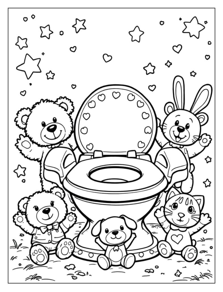 A potty chair with stuffed animals and dolls nearby, cheering.