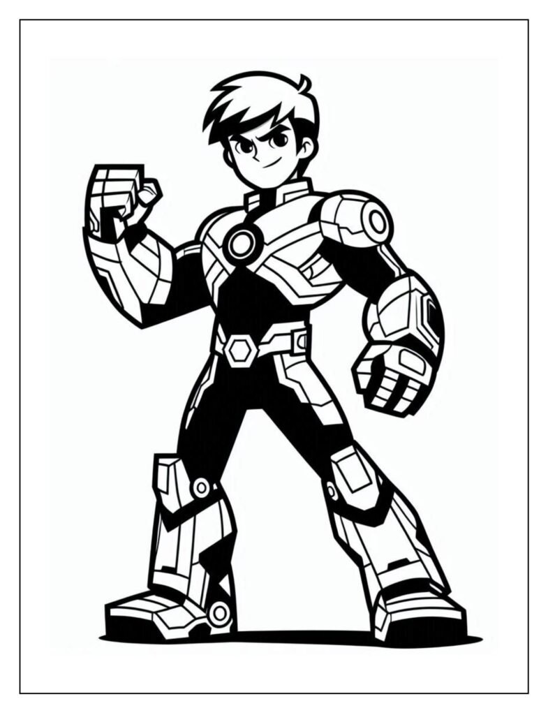  A black and white illustration of Ben 10 in a strong, commanding pose, exuding power, ready for coloring.
