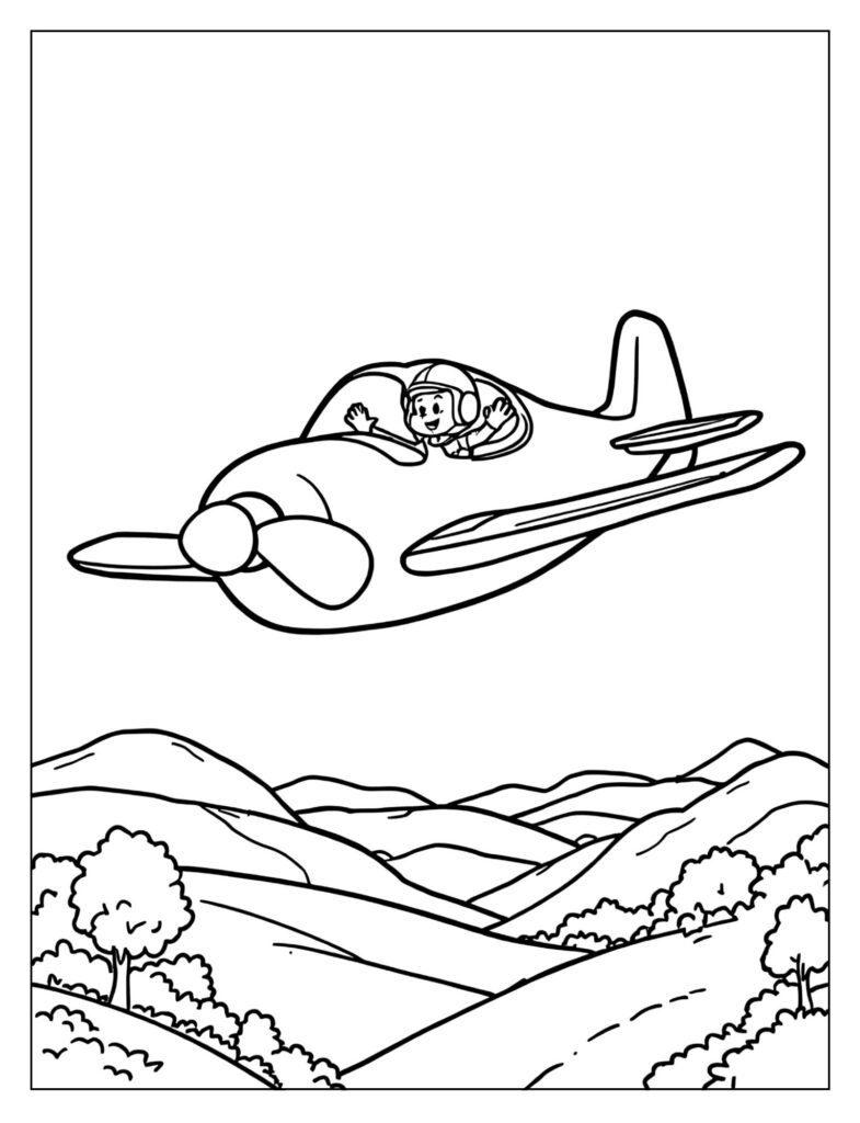 Small propeller plane with pilot waving coloring page