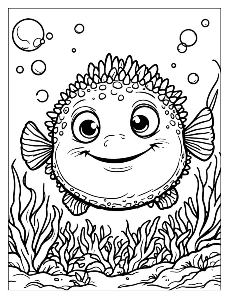 Puffed up puffer fish with spikes coloring page